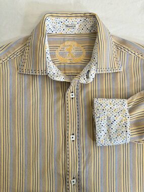 Bugatchi Shirt Mens Yellow Blue Stripe Long Sleeve Button Down Polka Dots Size M